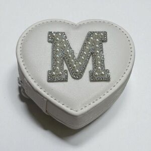 Embellished Monogram M White Heart Zip Travel Jewelry Case